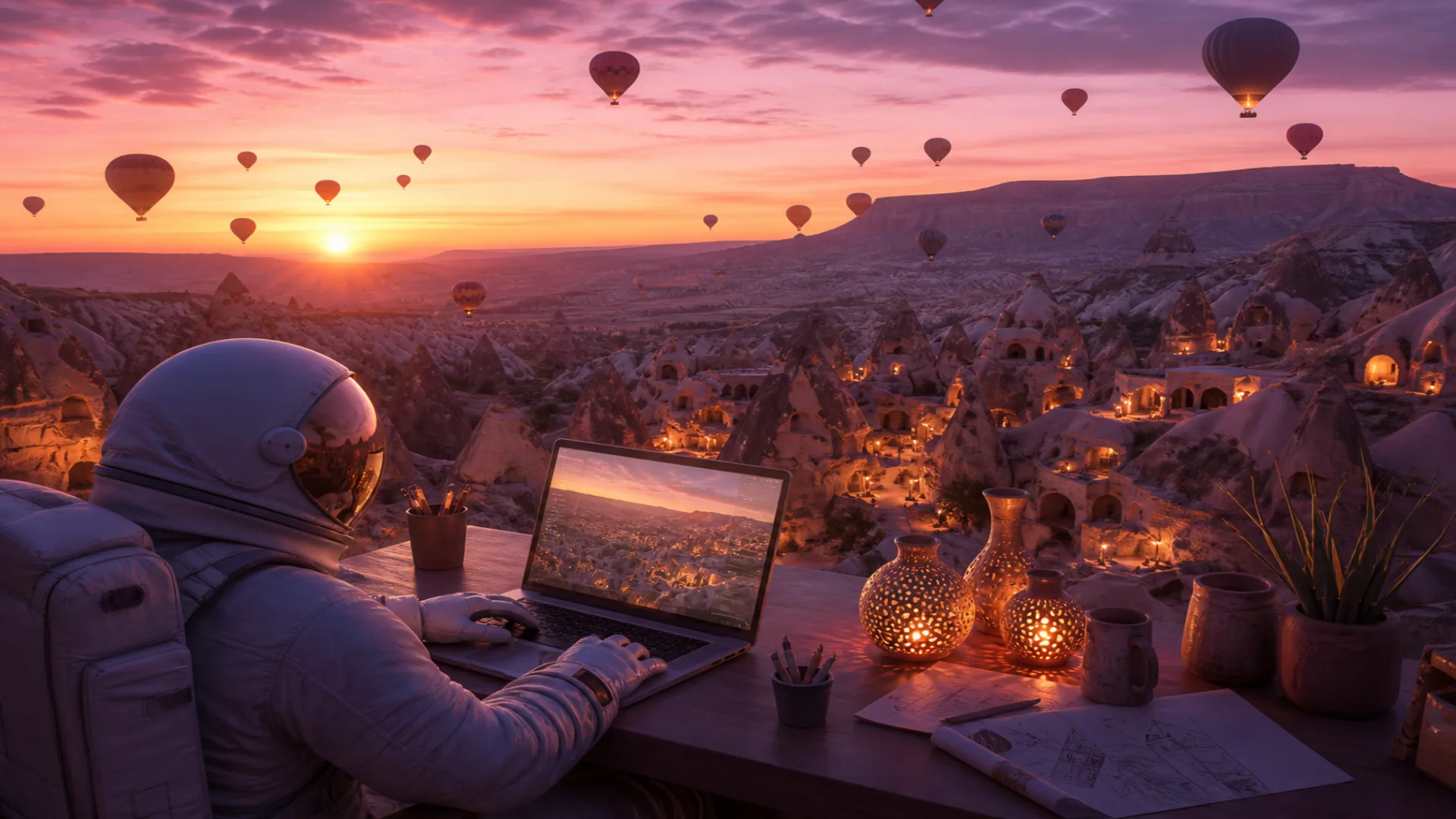 Nevşehir Web Tasarım — Hide Digital Nevşehir için turizm ve konaklama odağını yerel kent ve doğa dokusuyla buluşturan özgün web tasarım görseli
